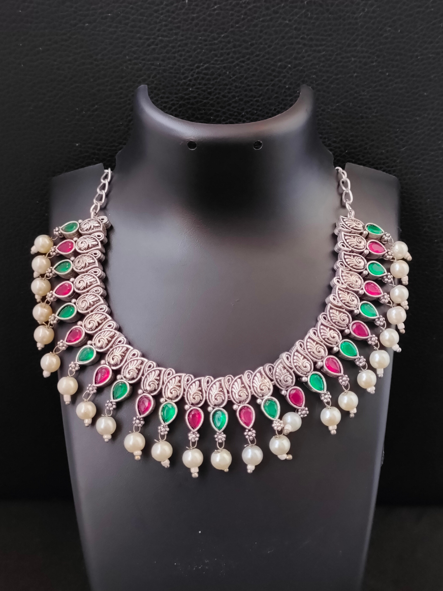 Ruby Red and Green Stone Oxidised Silver Choker Necklace