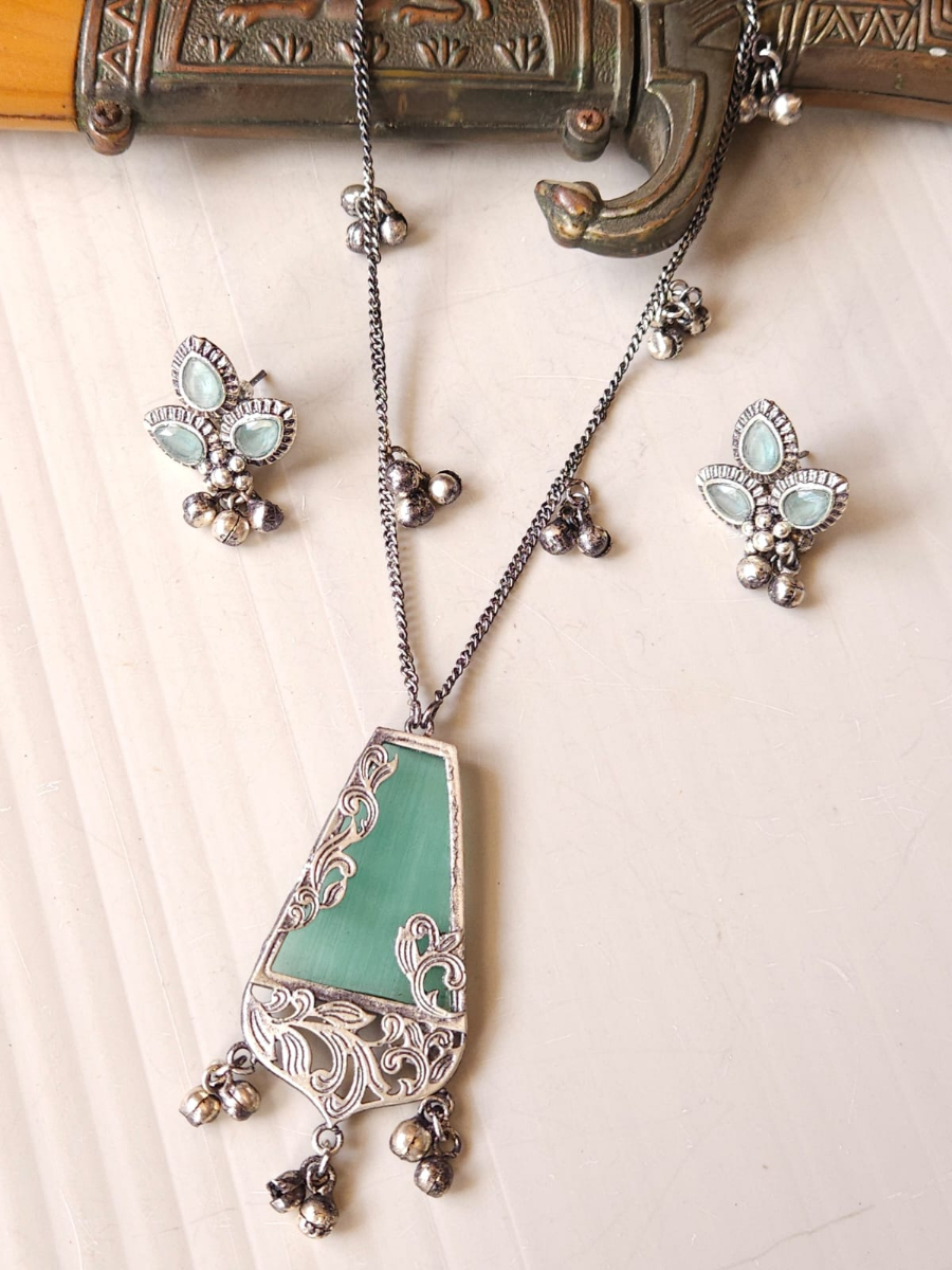 Sea Green Stone German Silver Oxidised Pendant Set