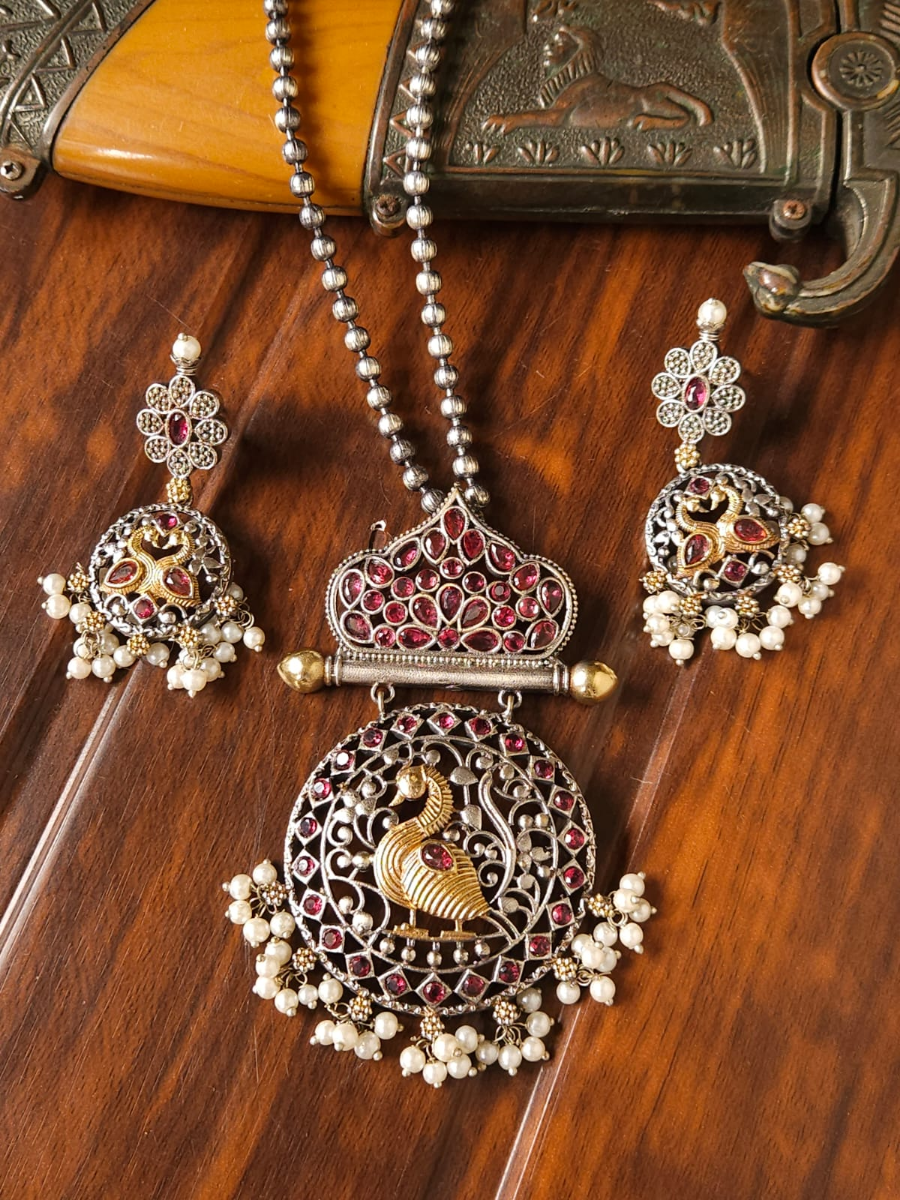 Ruby Red Dual Tone German Silver and Golden Long Necklace Set