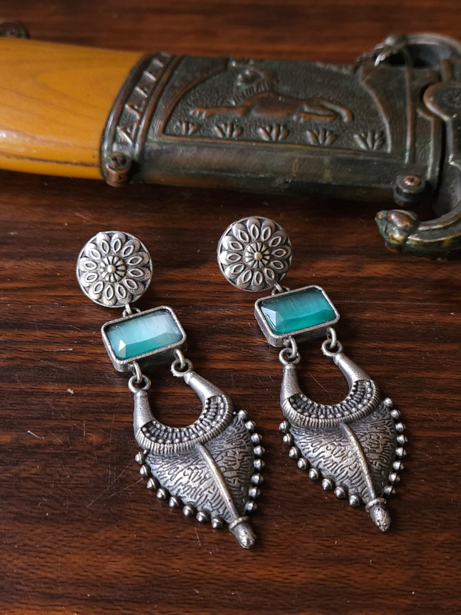 Buy Sea Green Stone Long German Silver Earrings - TheJewelbox