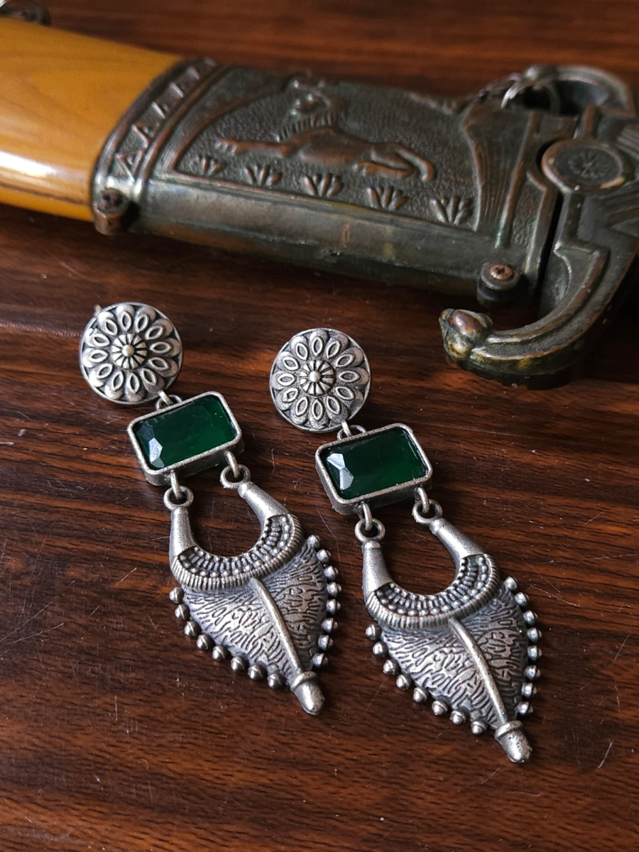 Green Stone Long German Silver Earrings