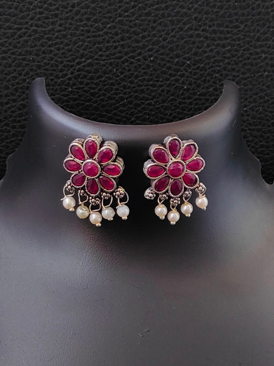 Ruby Red Flower Shaped Oxidised Silver Earrings