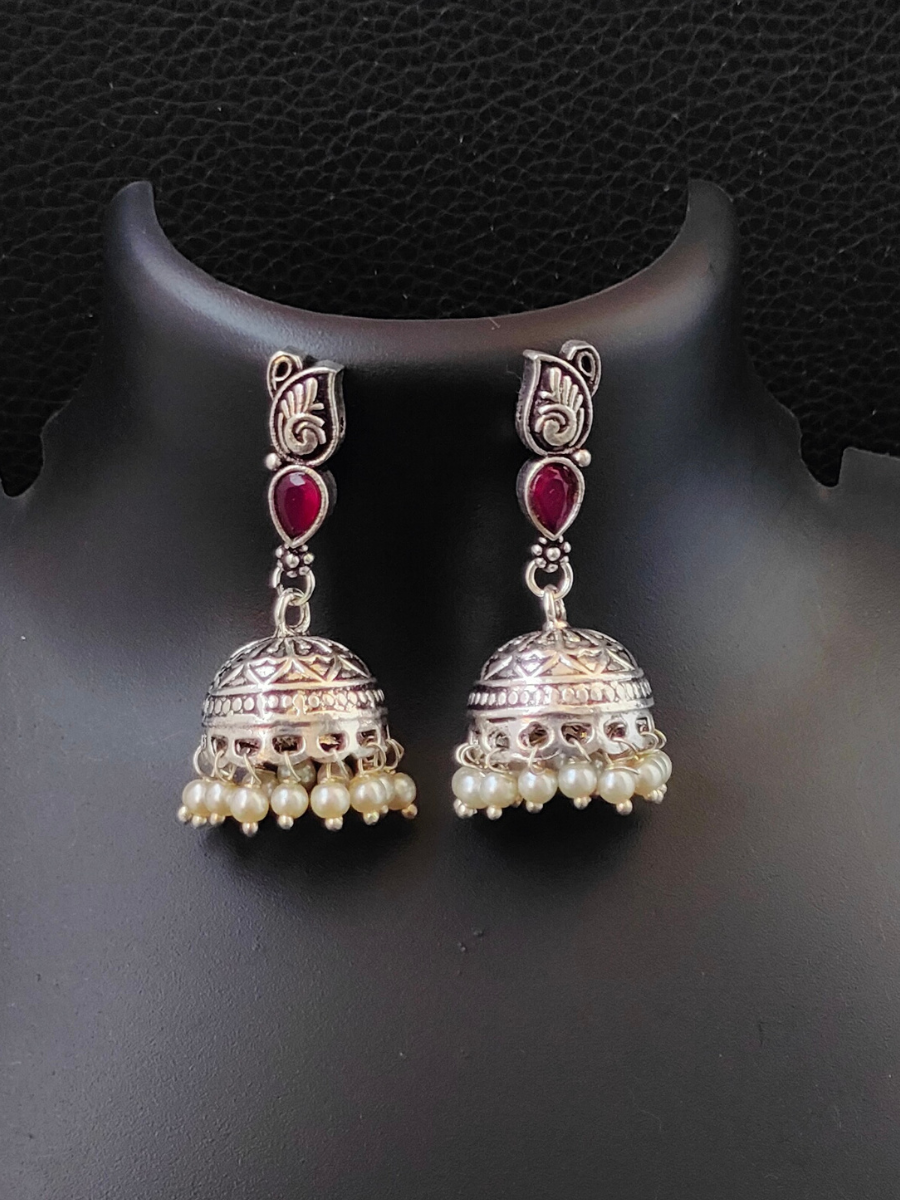 Ruby Red Stone Oxidised Silver Earrings