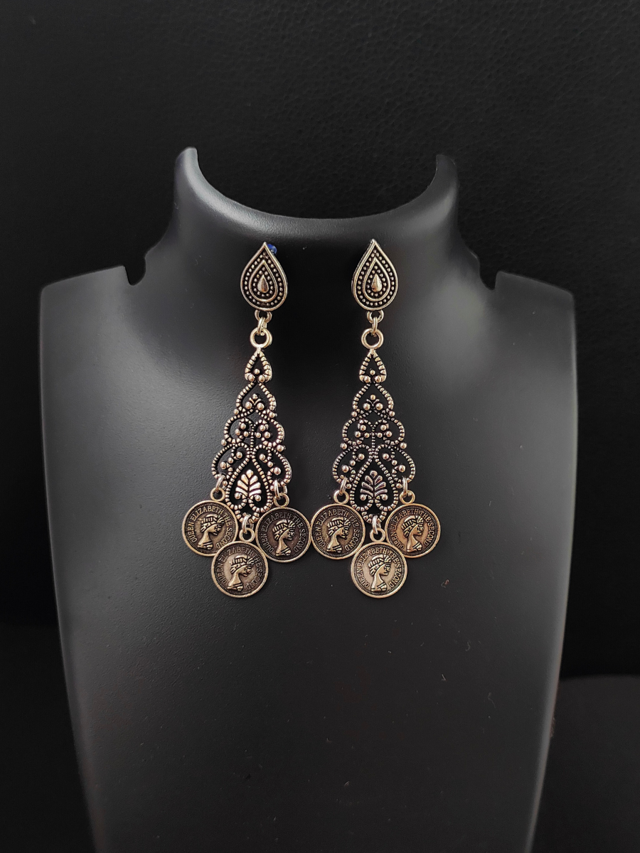 Black Metal Long Oxidised Silver Earrings