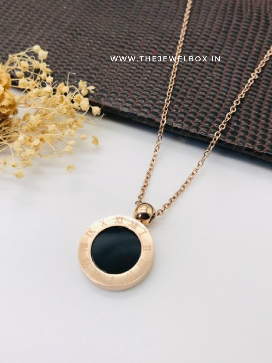 Black Round Roman Pendant Rose Gold Chain Necklace