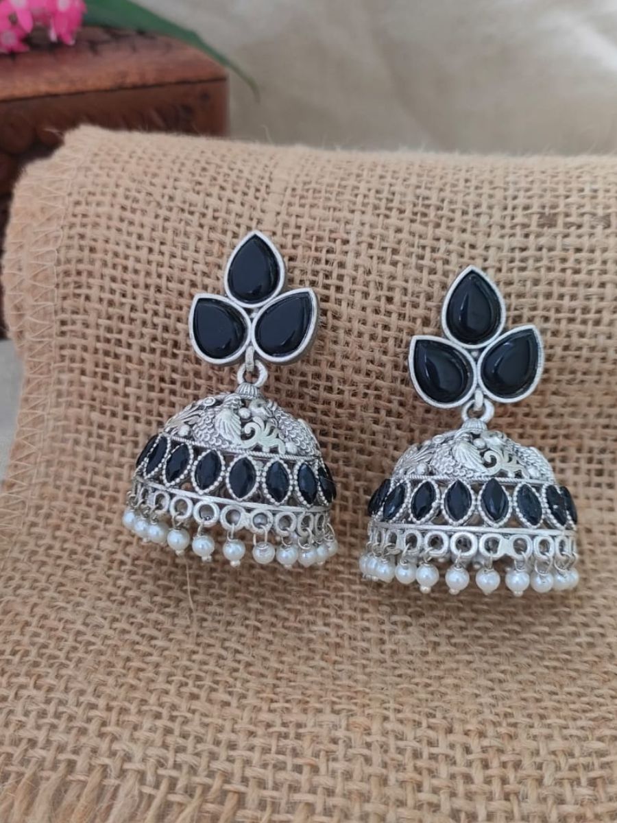 Buy Black Stones Peacock Style Oxidised Silver Jhumka Online – All