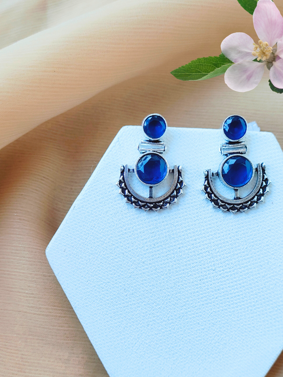 Blue Stone Studded Oxidised Silver Dangler Earrings