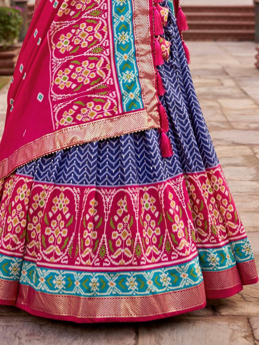 Blue and Pink Navaratri Silk Chaniya Choli - Patola Print