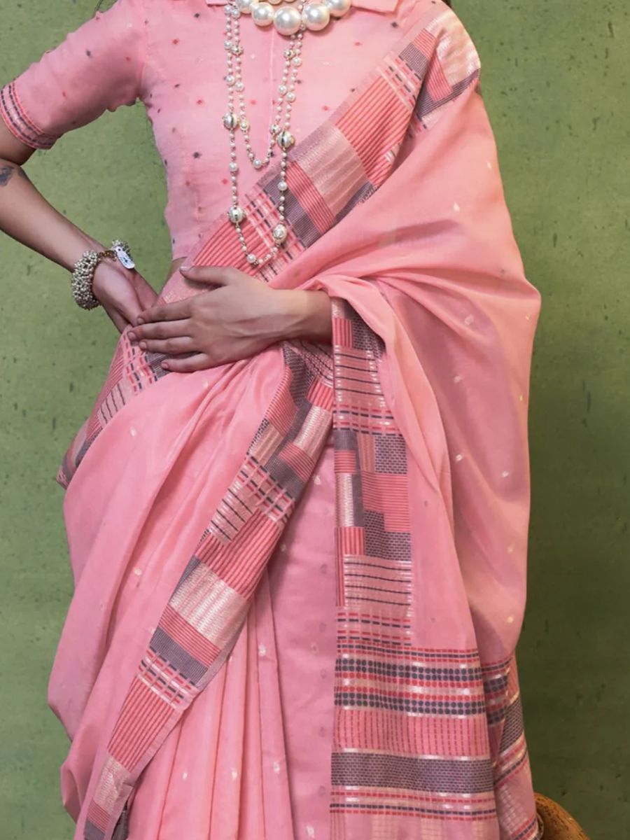Blush Pink Checkered Border Handloom Cotton Saree - Blouse