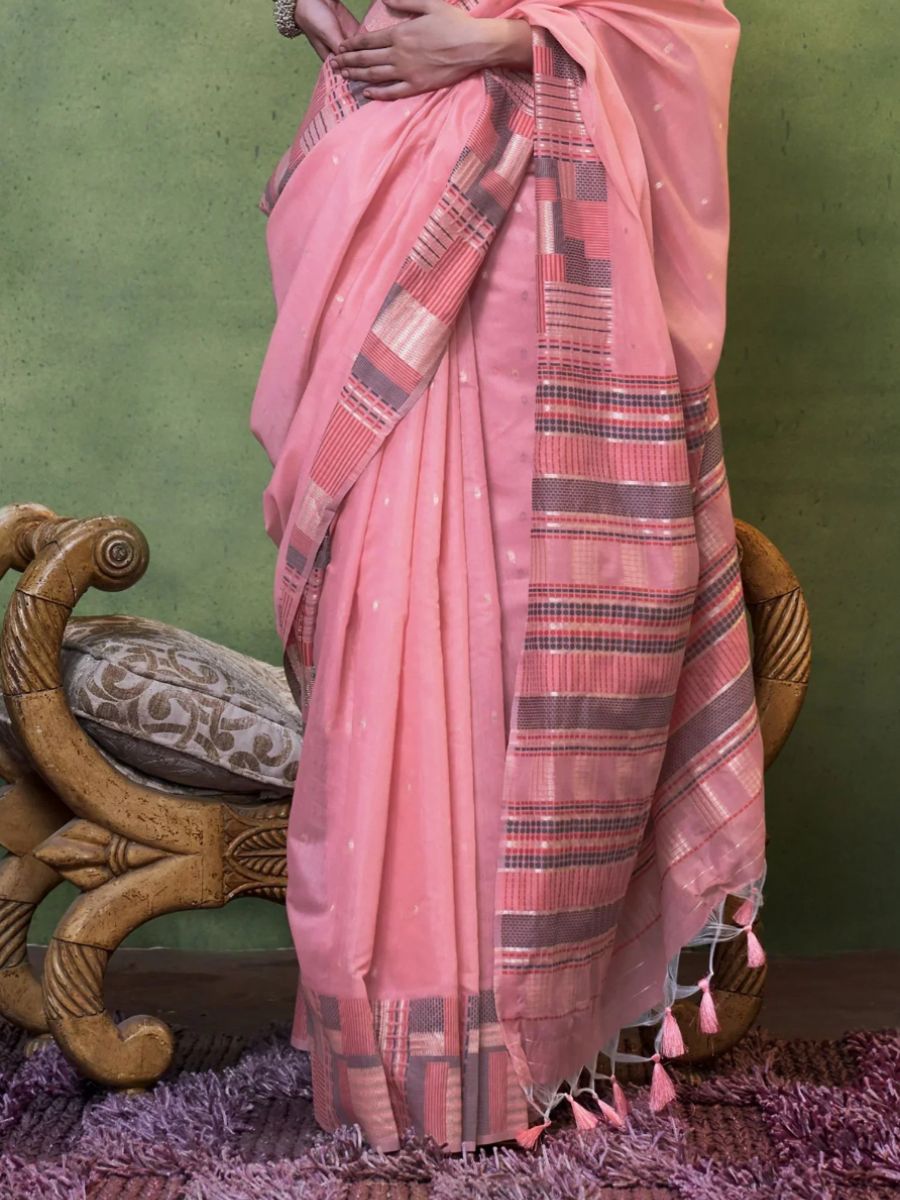 Blush Pink Checkered Border Handloom Cotton Saree - Pallu