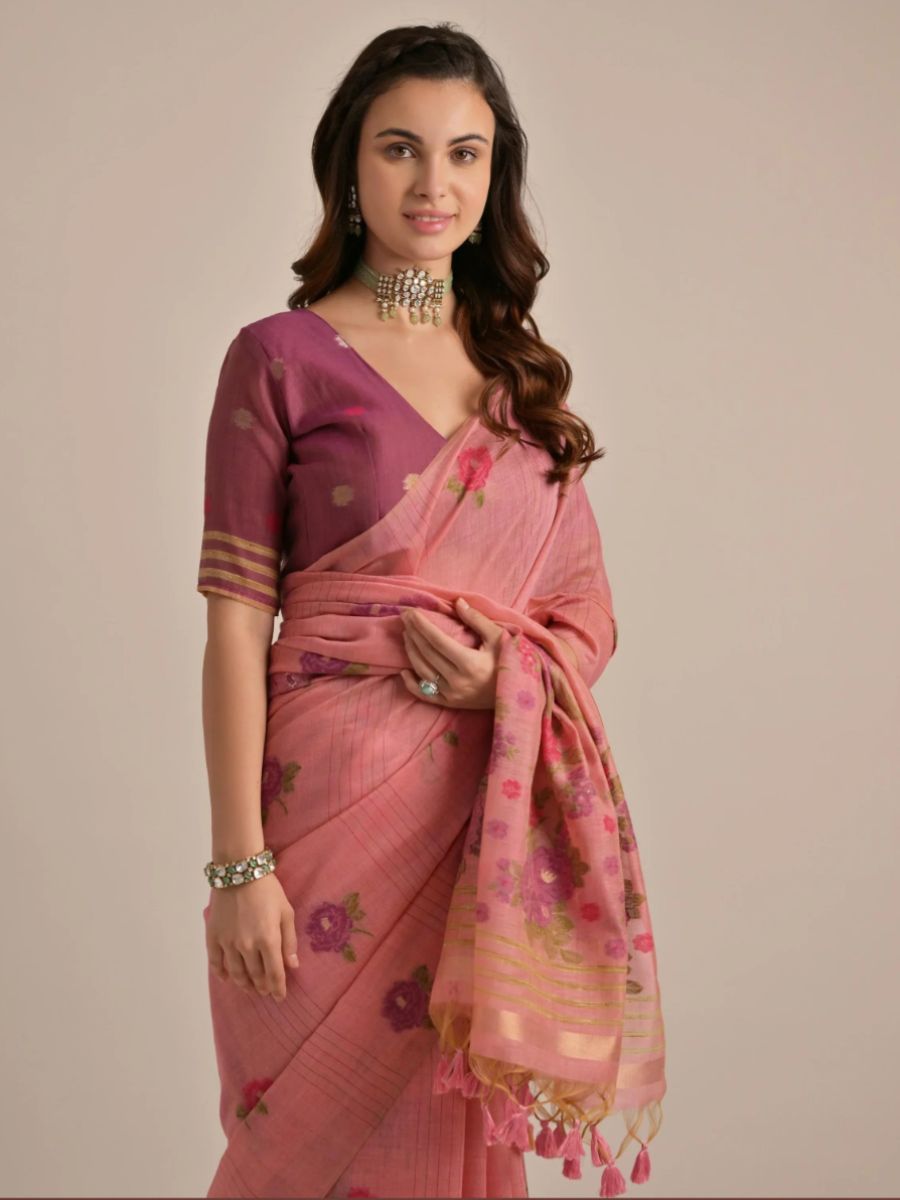 Charming Rose Pink Floral Woven Handloom Cotton Saree with Blouse