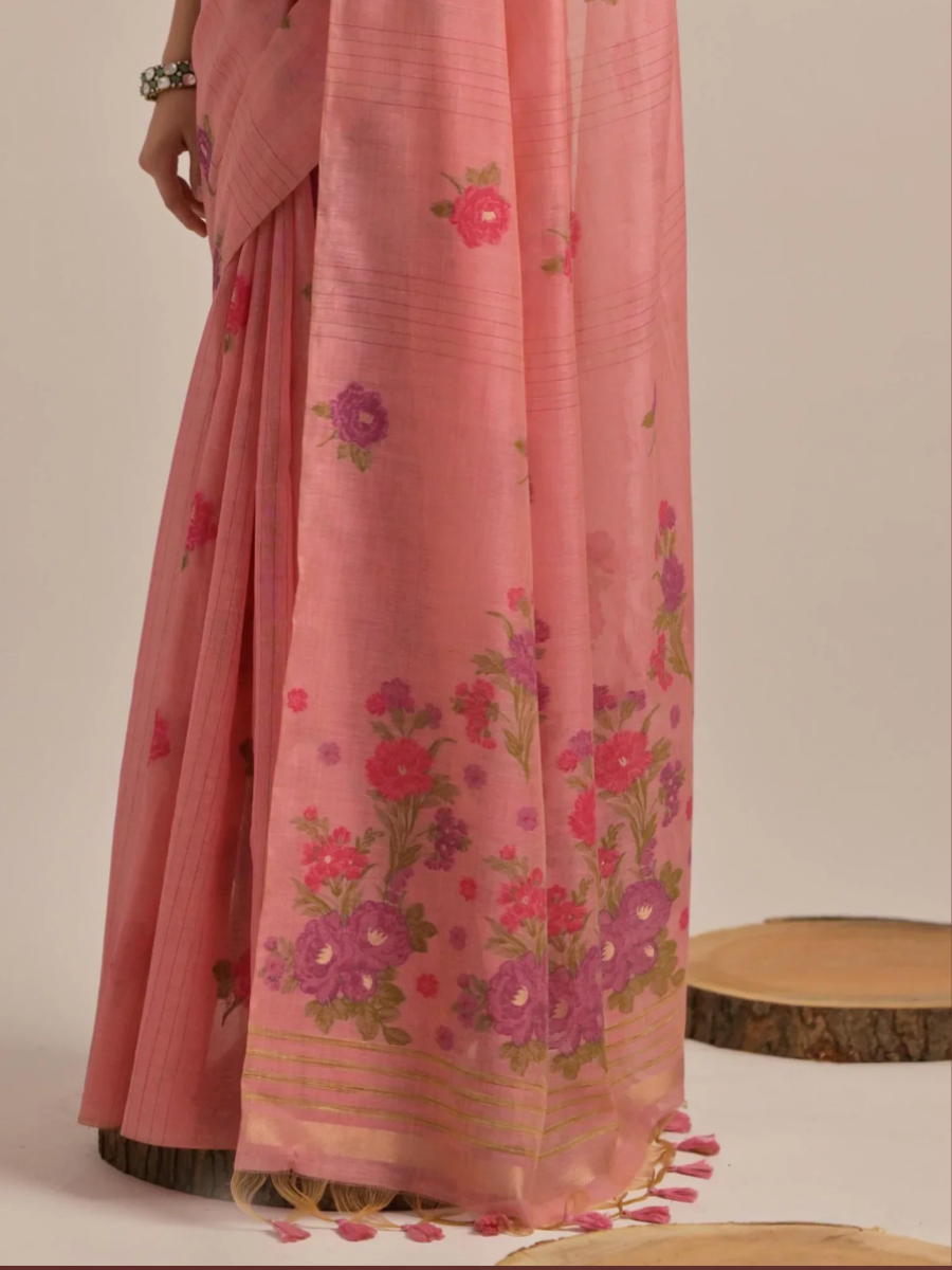 Charming Rose Pink Handloom Cotton Saree - Floral Woven Pallu