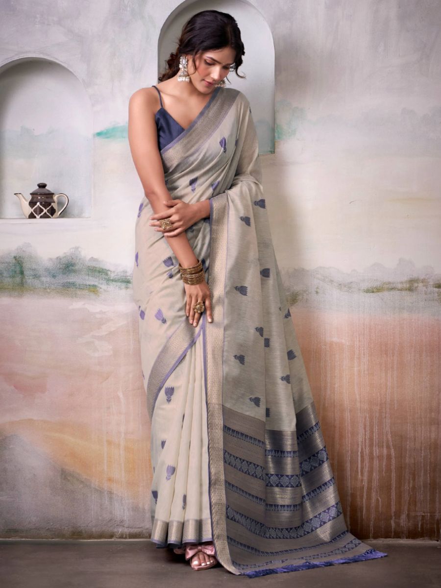 Classic Off White and Blue Motif Woven Handloom Cotton Saree