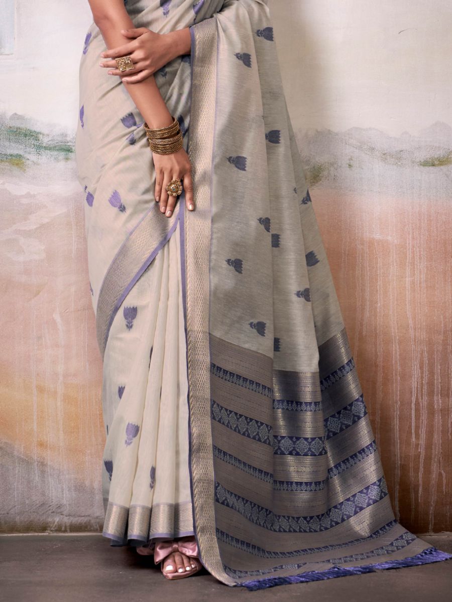 Classic Off White and Blue Motif Woven Handloom Cotton Saree - Pallu
