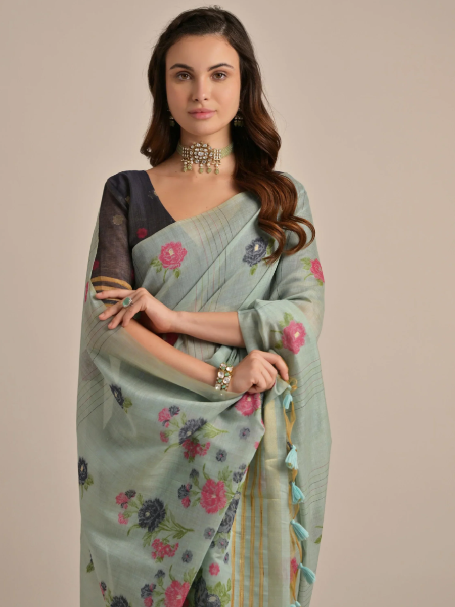 Classic Pastel Green Floral Woven Handloom Cotton Saree with Grey Blouse