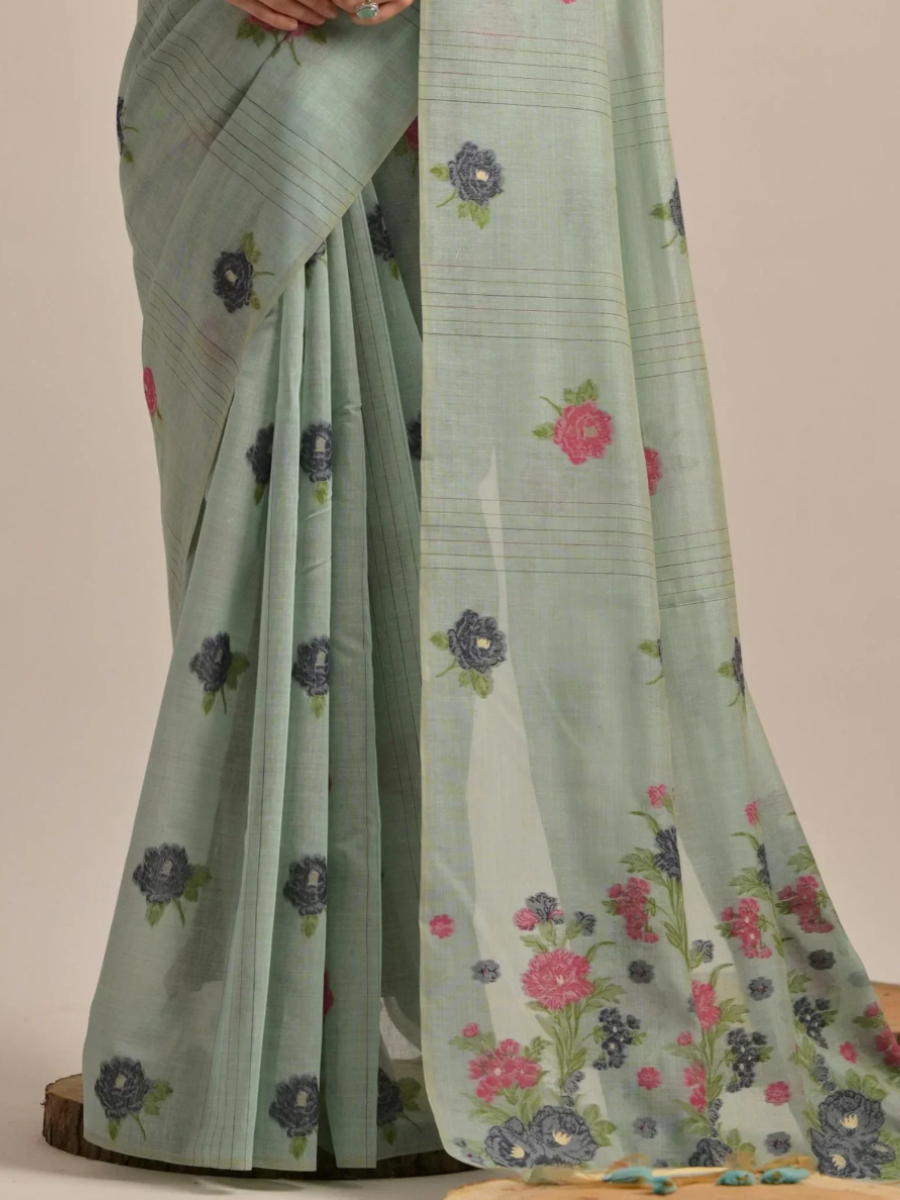 Classic Pastel Green Handloom Cotton Saree - Floral Woven Pallu