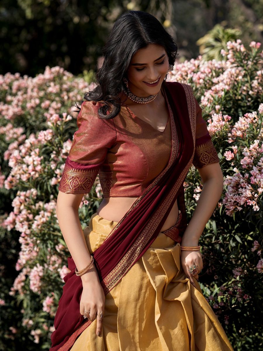 Cream and Maroon Kanchipuram Silk Half Lehenga Saree - Blouse Front Neck