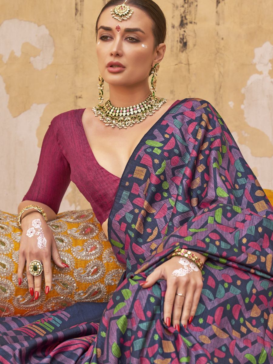 Designer Navy Blue Geometric Digital Printed Silk Saree - Blouse