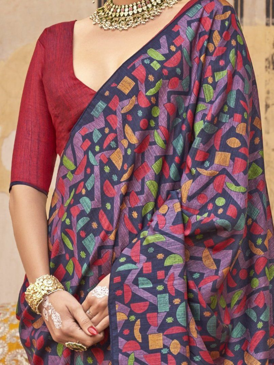 Designer Navy Blue Silk Saree - Geometric Digital Print