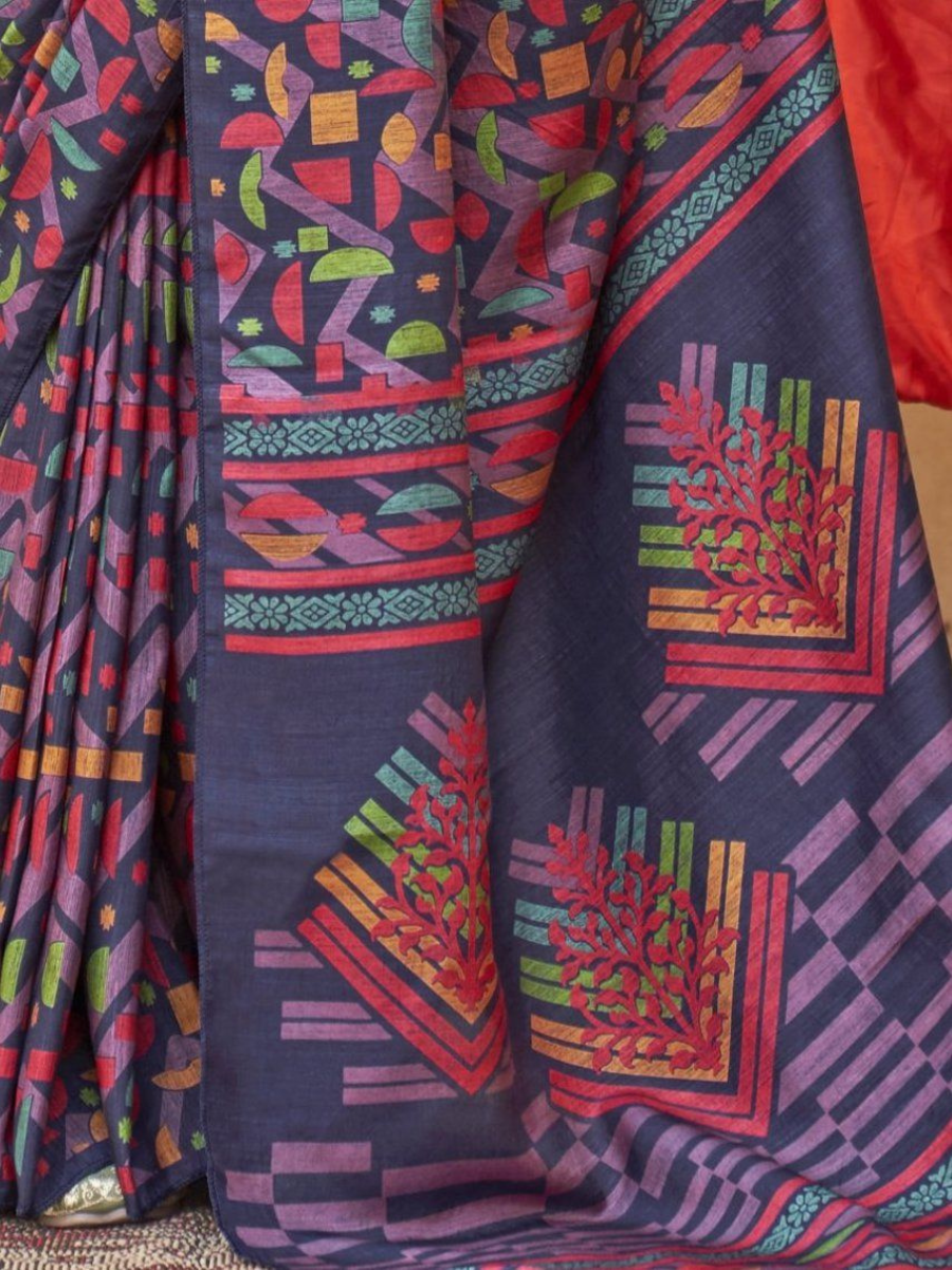 Designer Navy Blue Geometric Digital Printed Silk Saree