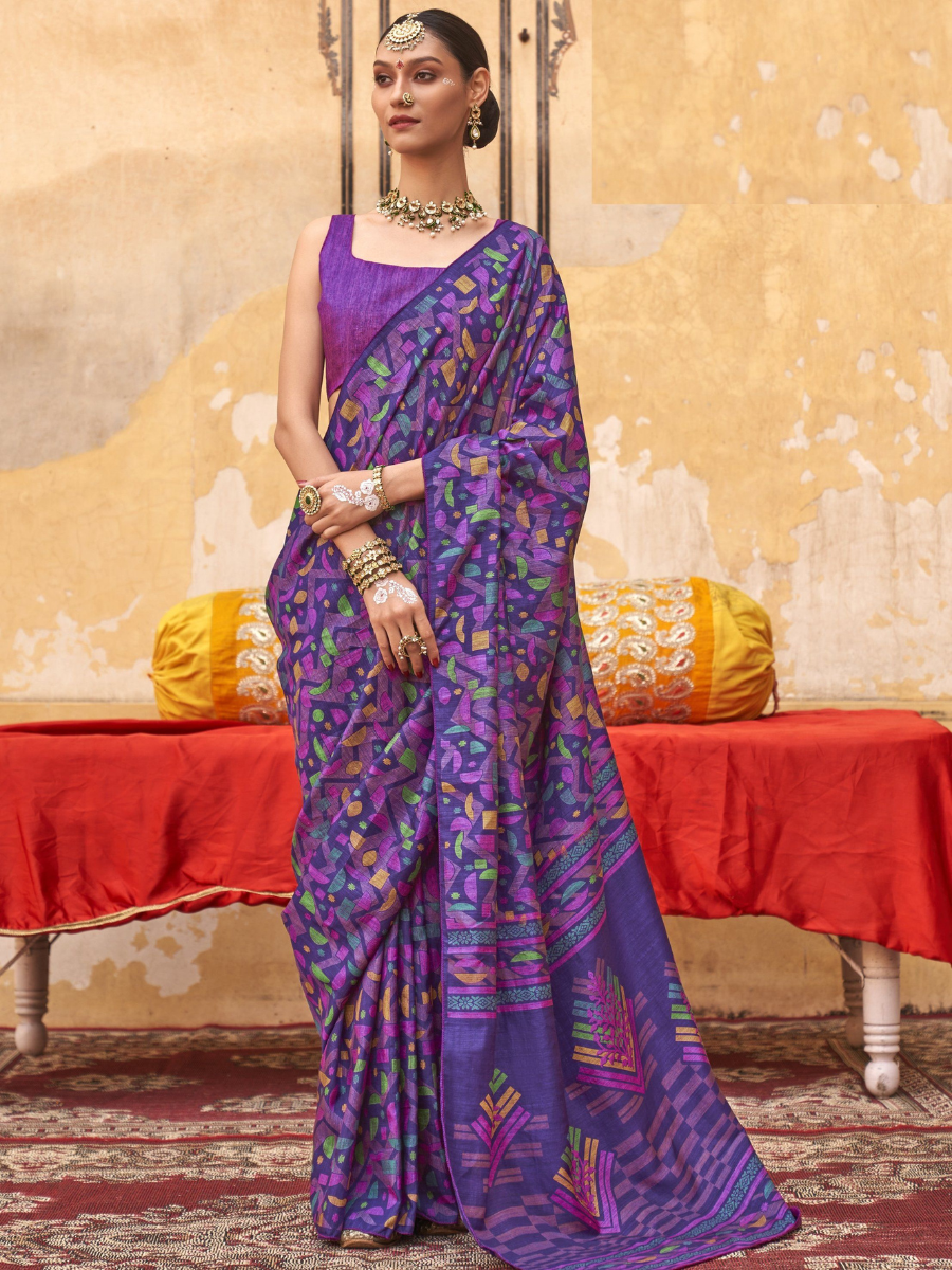 Buy Designer Purple Geometric Digital Printed Silk Saree Online - AllThingsAboutWedding