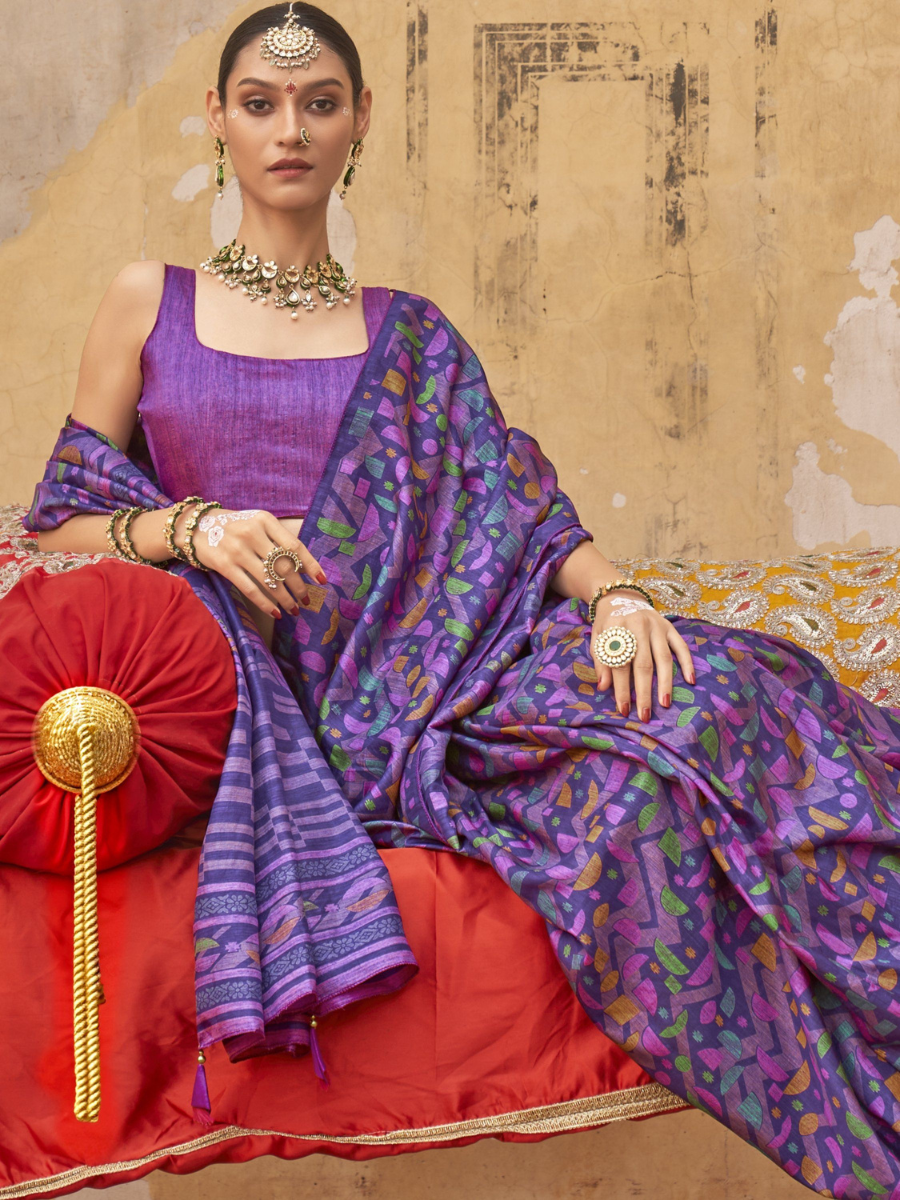 Designer Purple Geometric Digital Printed Silk Saree