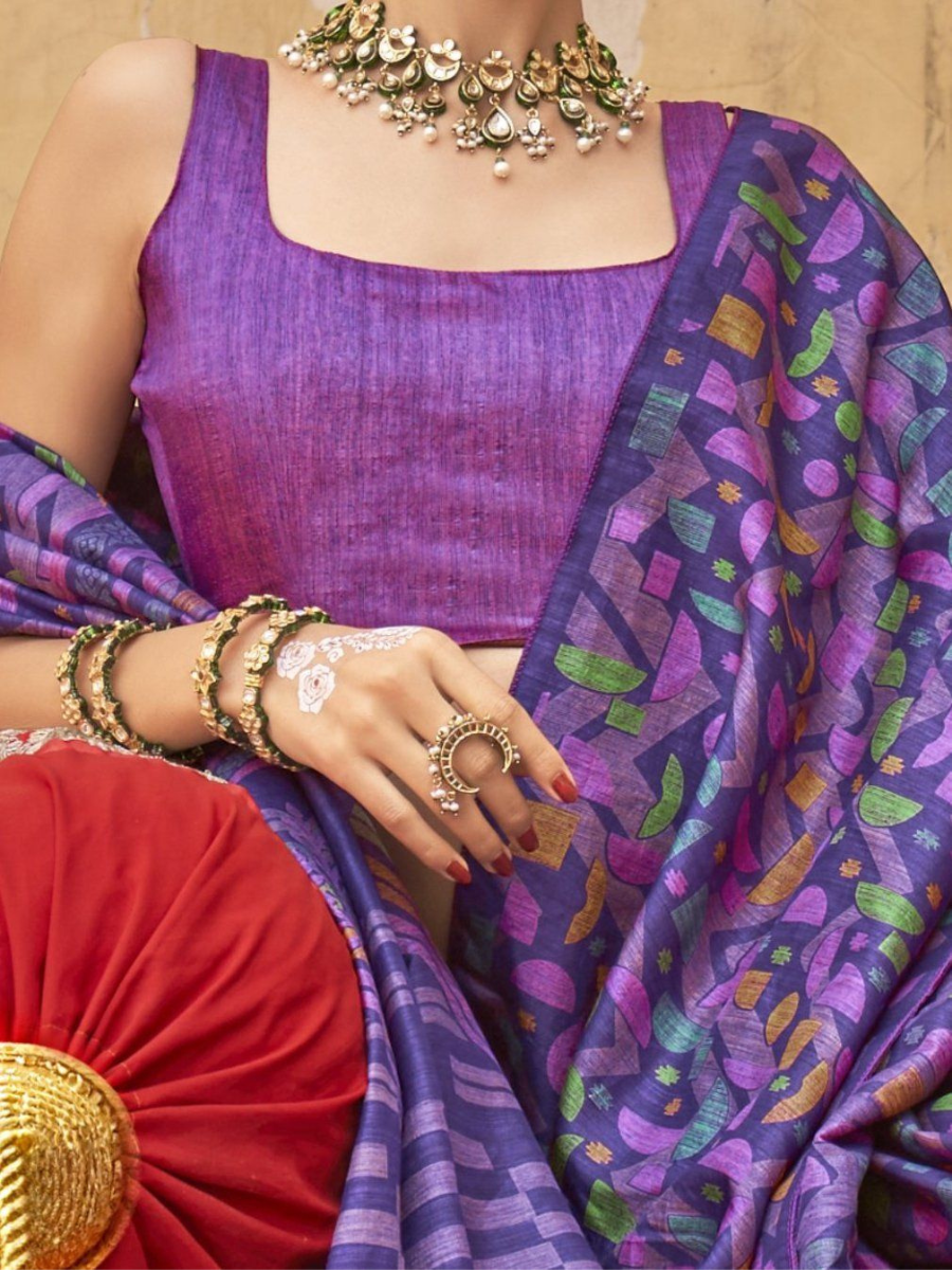 Designer Purple Geometric Digital Printed Silk Saree - Blouse