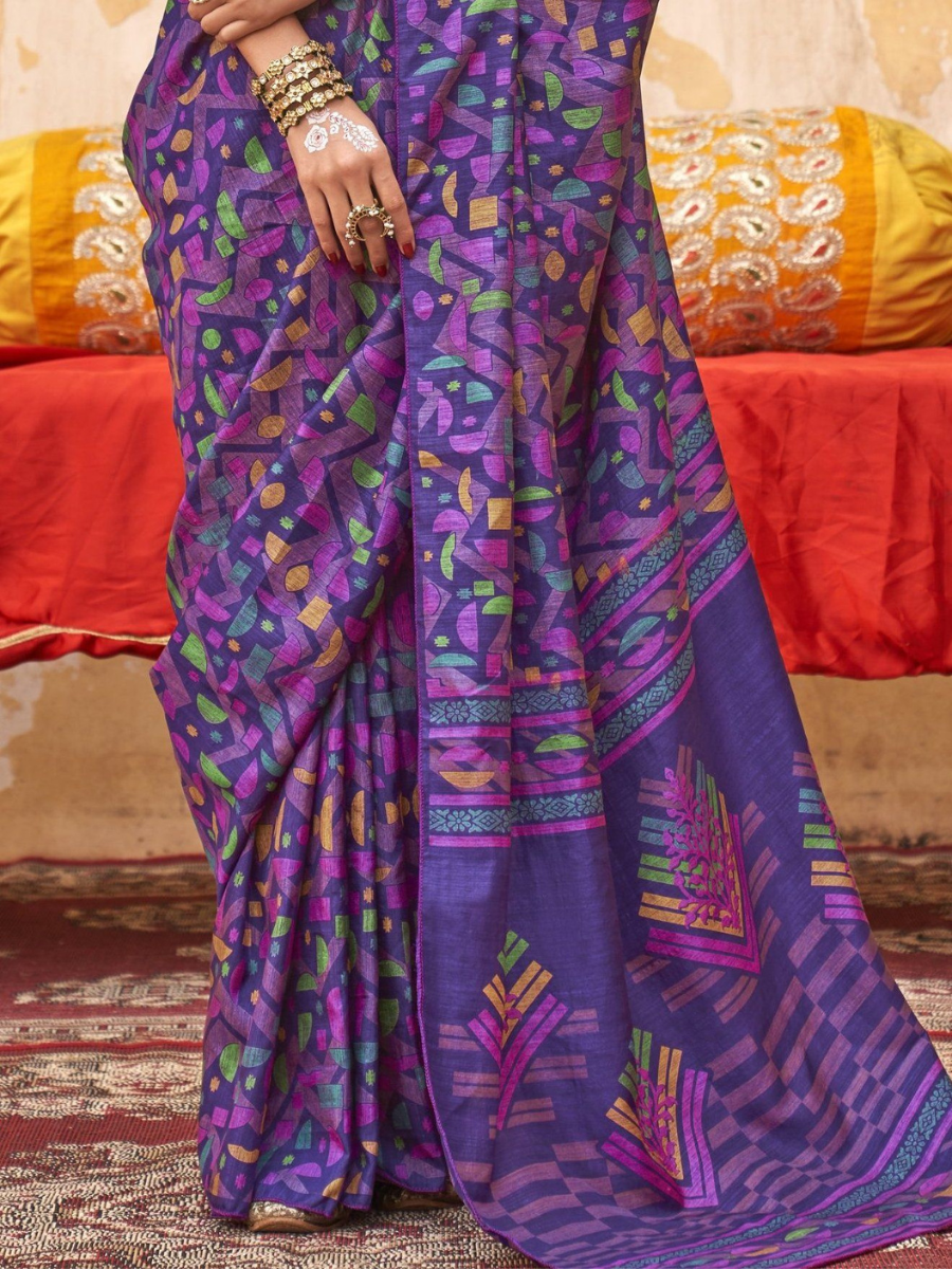 Designer Purple Geometric Digital Printed Silk Saree - Pallu