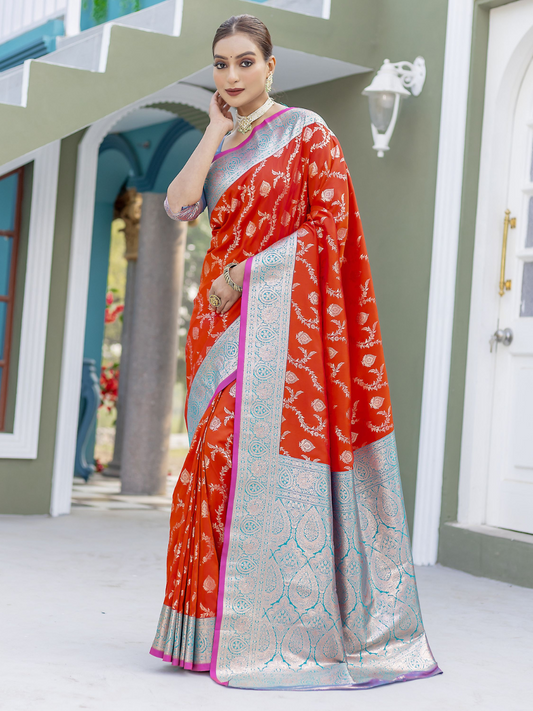 Buy Designer Red Zari Woven Wedding Banarasi Silk Saree Online - AllThingsAboutWedding