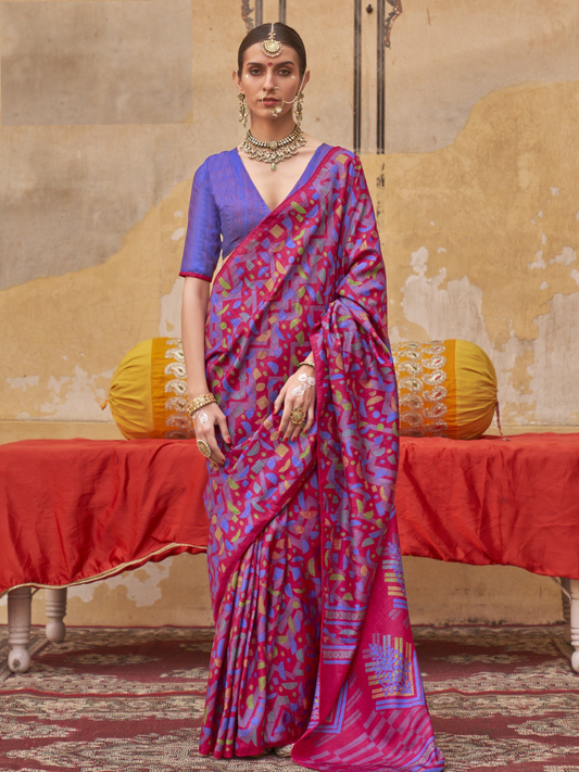 Buy Designer Red and Blue Geometric Digital Printed Silk Saree Online - AllThingsAboutWedding