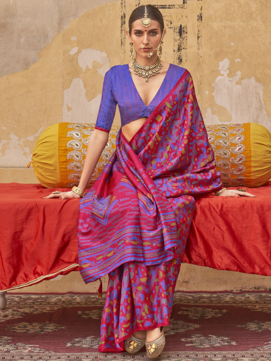 Designer Red and Blue Geometric Digital Printed Silk Saree