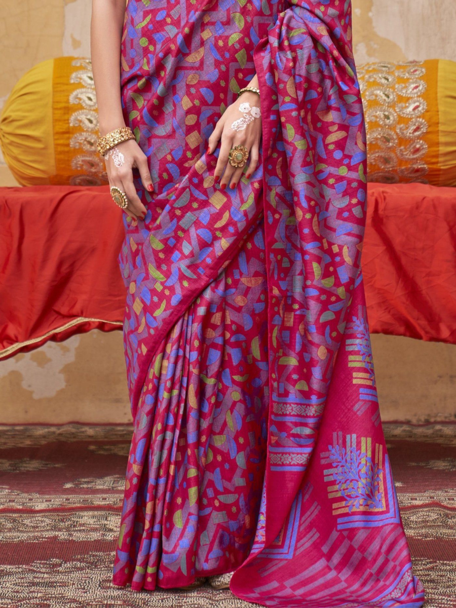 Designer Red and Blue Geometric Digital Printed Silk Saree - Pallu