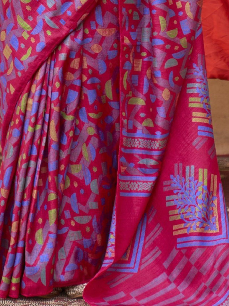 Designer Red and Blue Silk Saree - Geometric Digital Print