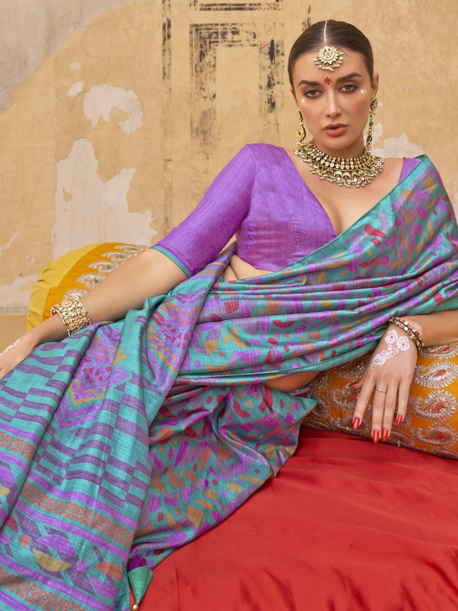 Designer Teal Blue and Purple Digital Printed Silk Saree