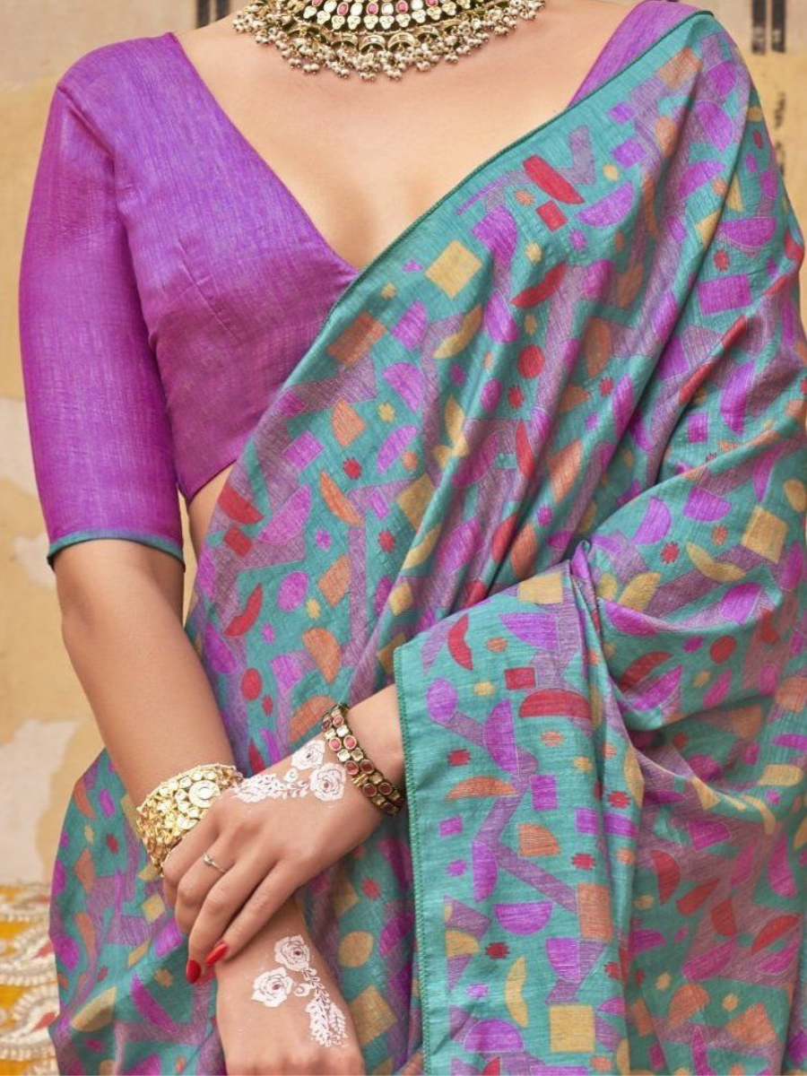 Designer Teal Blue and Purple Digital Printed Silk Saree - Blouse