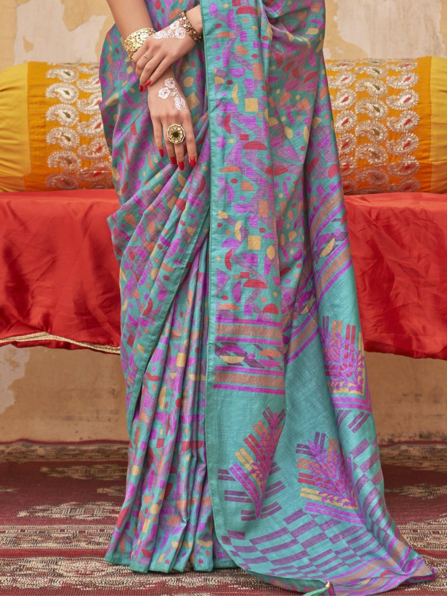 Designer Teal Blue and Purple Digital Printed Silk Saree - Pallu