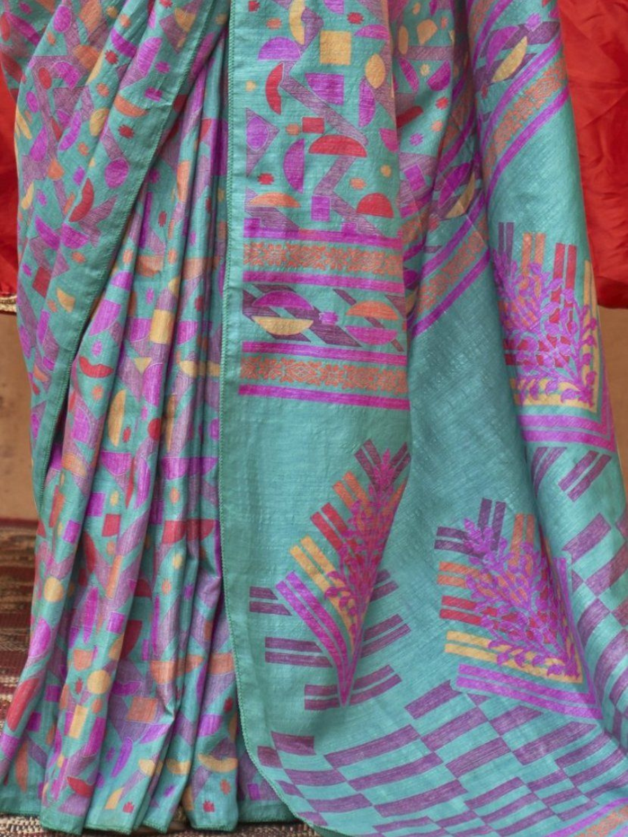 Designer Teal Blue and Purple Silk Saree - Digital Print