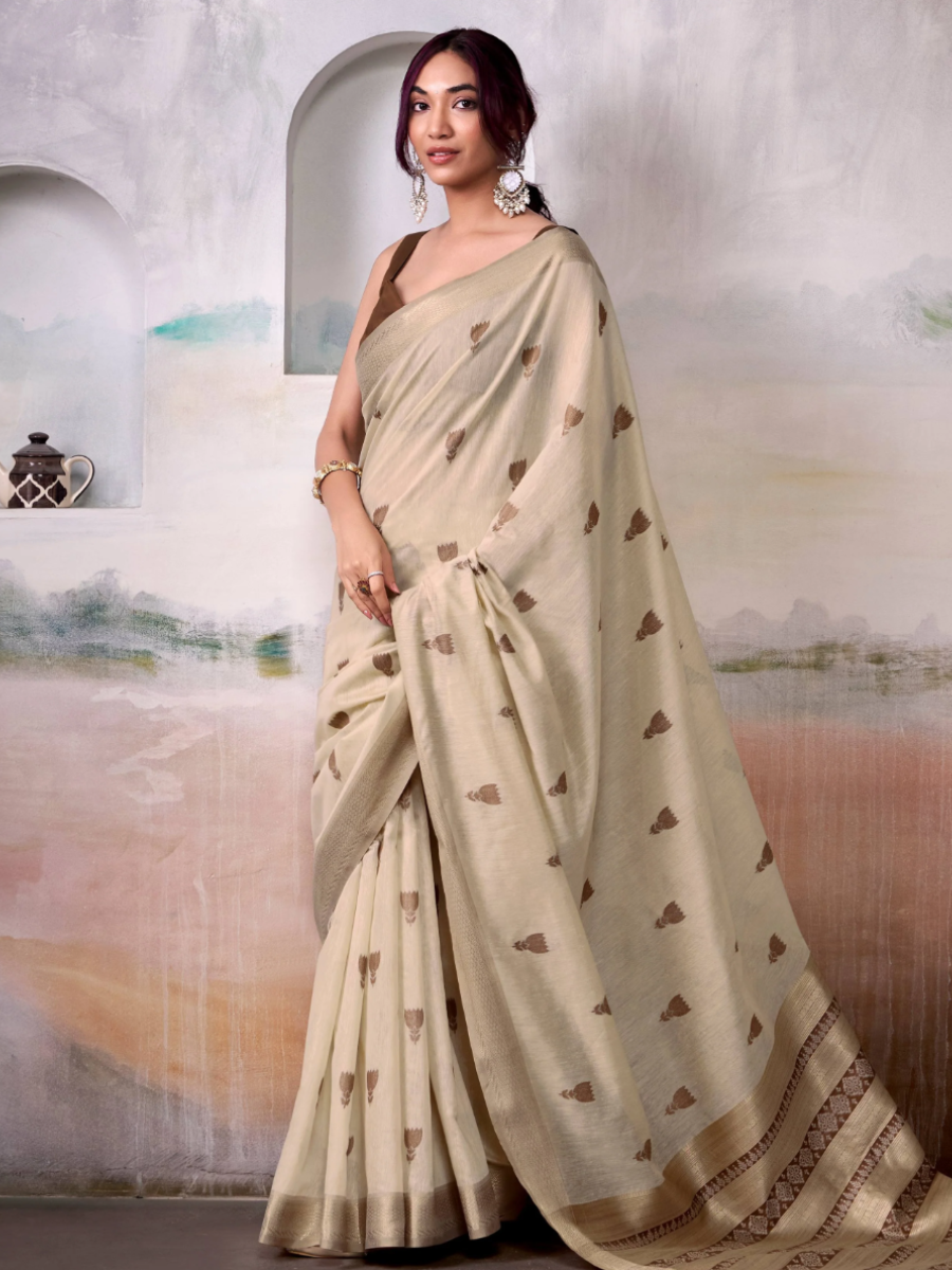 Elegant Golden Zari Work and Floral Motifs Cream Cotton Saree