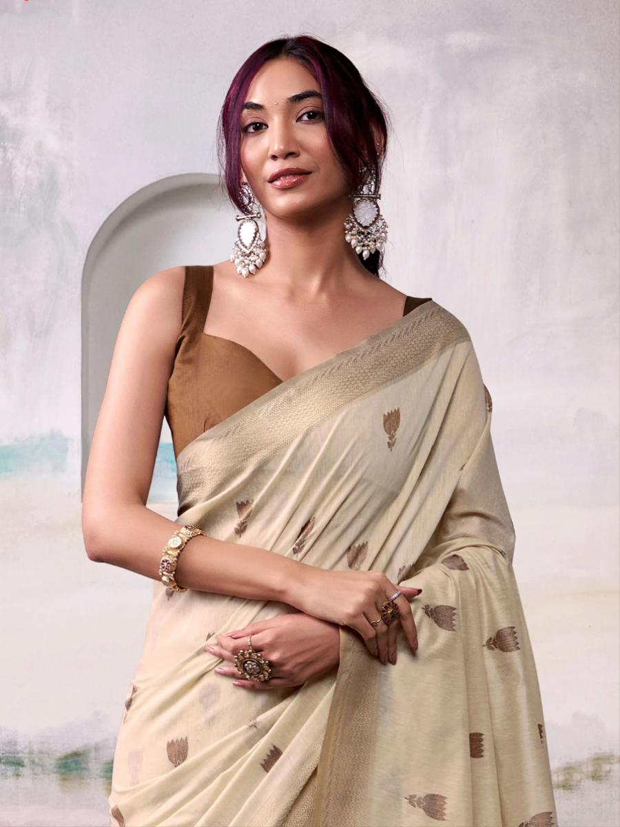 Elegant Golden Zari Work and Floral Motifs Cream Cotton Saree - Blouse
