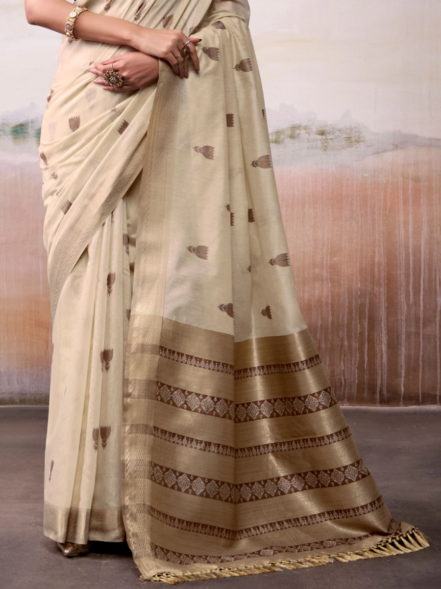 Elegant Golden Zari Work and Floral Motifs Cream Cotton Saree - Pallu