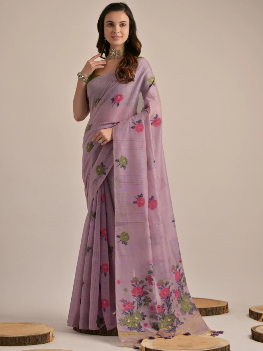 Buy Elegant Lavender Floral Woven Handloom Cotton Saree Online - AllThingsAboutWedding