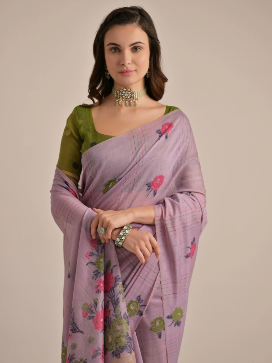 Elegant Lavender Floral Woven Handloom Cotton Saree with Green Blouse