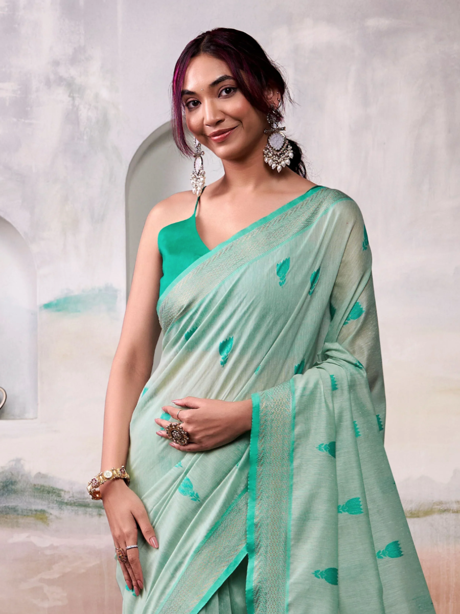 Elegant Mint Green Cotton Festive Saree - Handloom Woven Floral Pattern