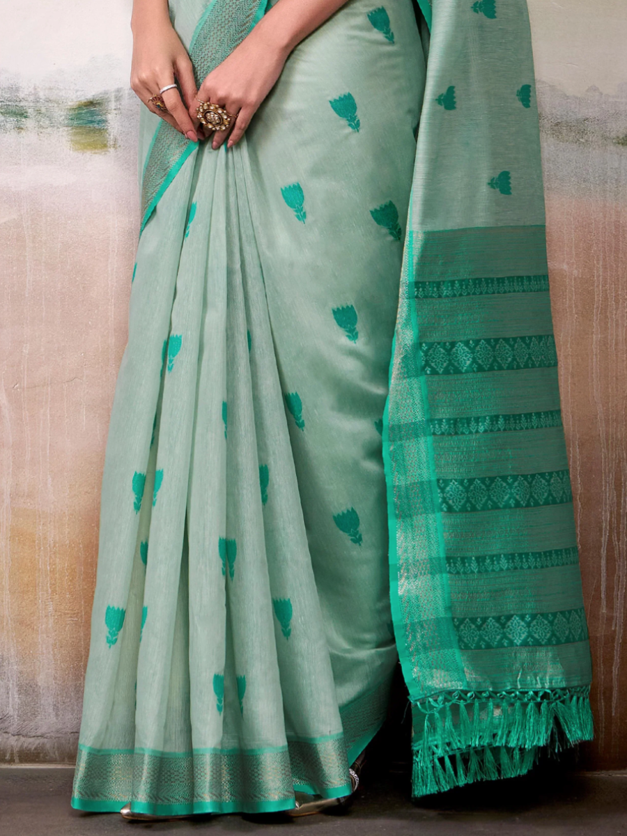 Elegant Mint Green Handloom Woven Cotton Festive Saree - Pallu