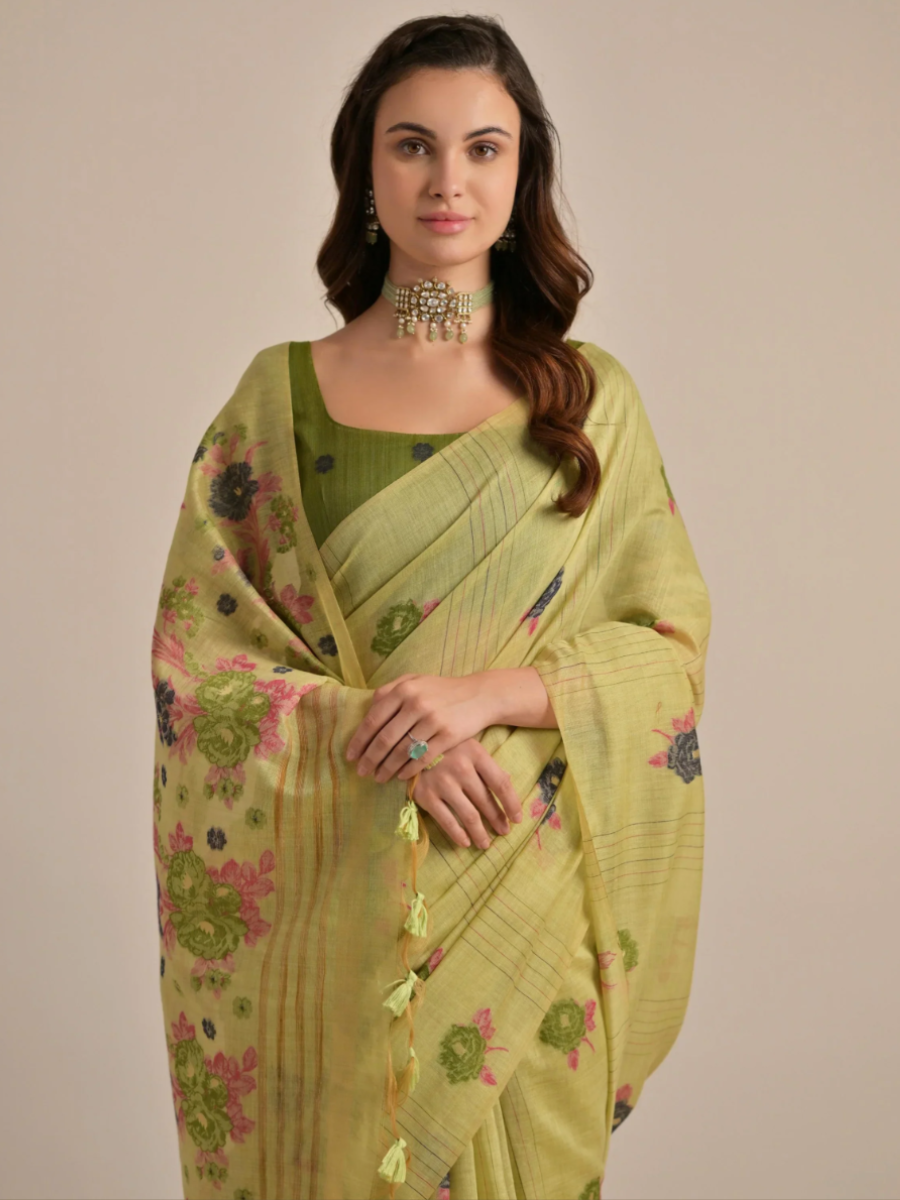 Elegant Olive Green Floral Woven Cotton Handloom Saree with Dark Green Blouse
