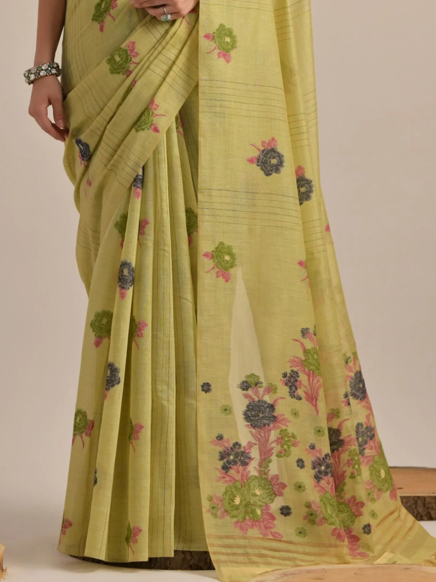 Elegant Olive Green Cotton Handloom Saree - Floral Woven Pallu