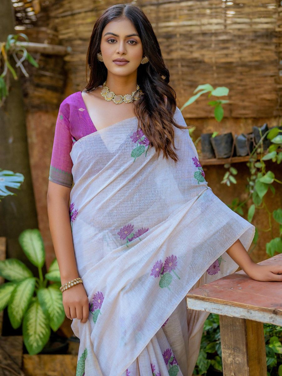Elegant Purple Lotus Printed Off White Cotton Saree