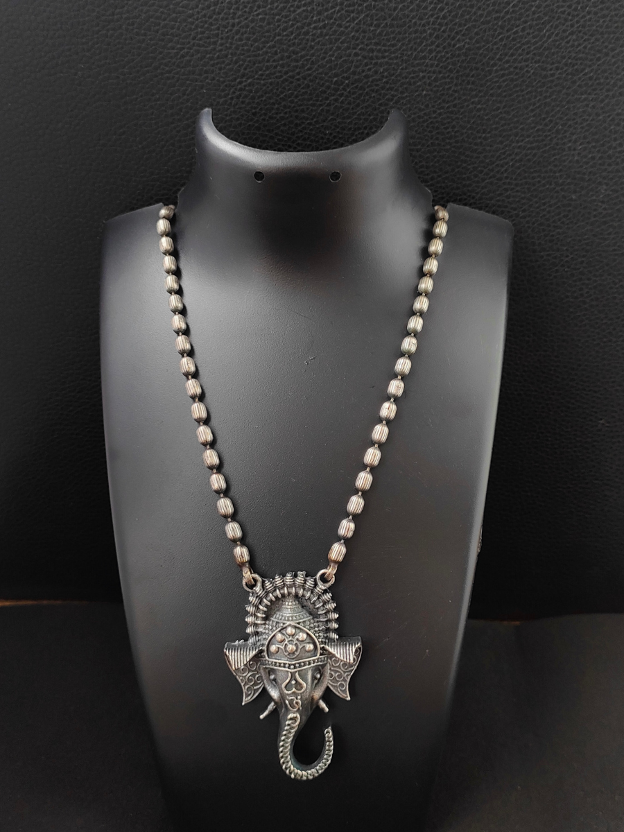 Ganesha Style German Silver Oxidised Long Necklace with Earrings