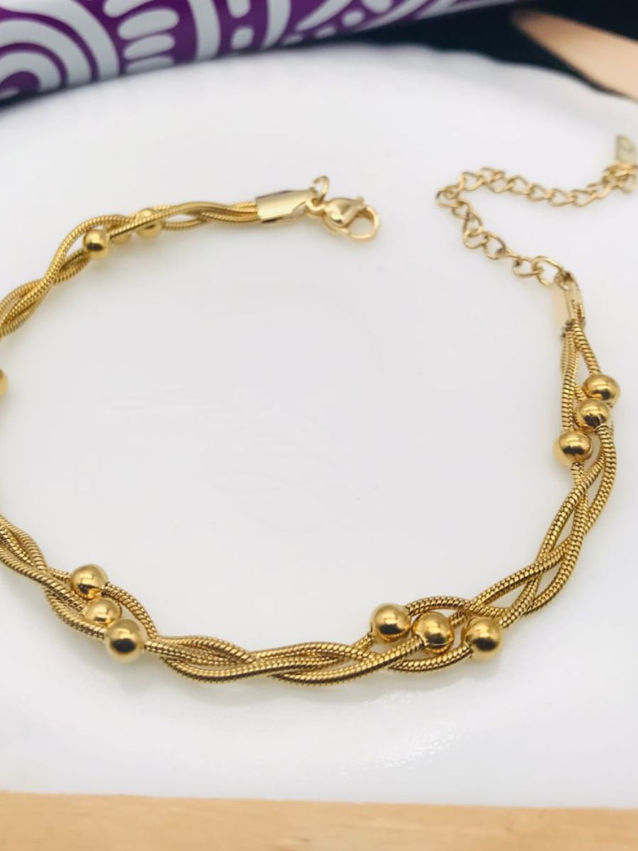 Golden Plated Round Beaded Three Chain Bracelet