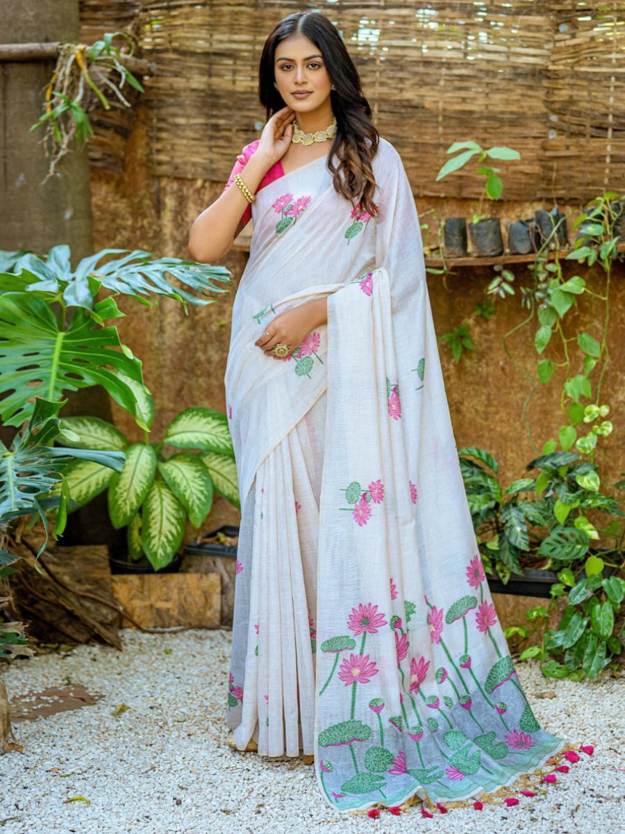 Buy Graceful Pink Lotus Printed Off White Cotton Saree Online - AllThingsAboutWedding